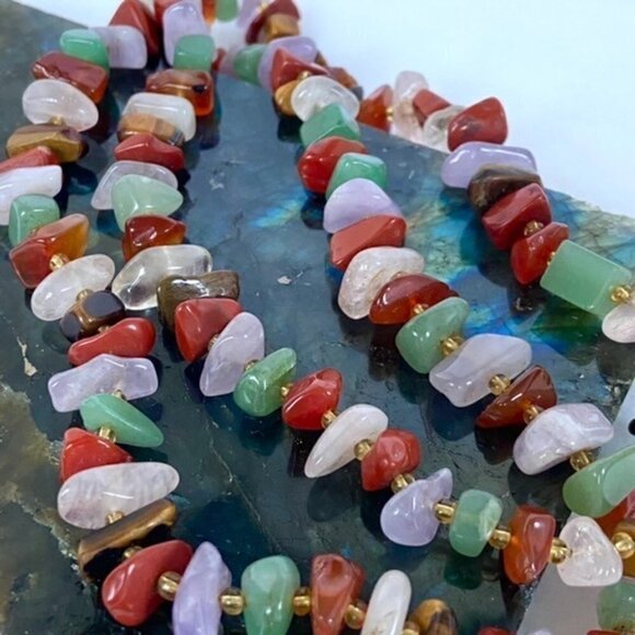 VTG Multi Gemstone Beaded 29" Necklace 14K Gold Filled Filigree Fish Hook Clasp - Picture 4 of 16